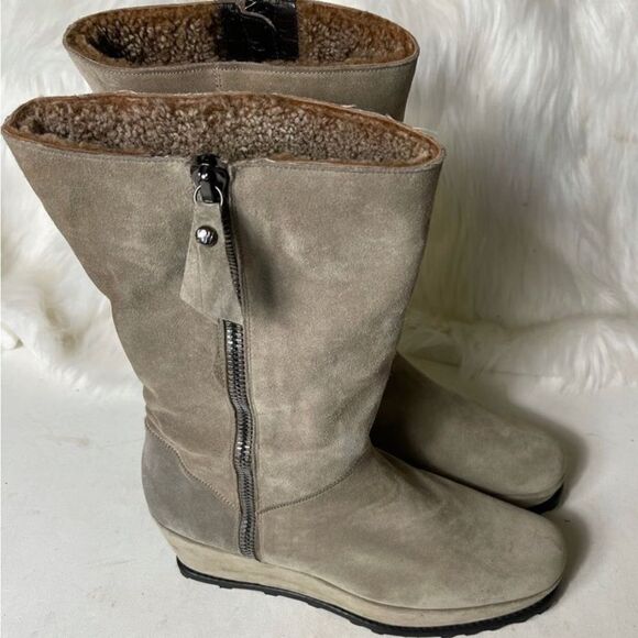 Stuart Weitzman Nubuck Khaki suede mid calf wedge heels platform boots size 11W - Picture 1 of 11